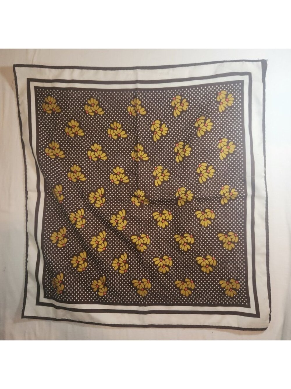Vintage Brown Polka Dot Floral Square Scarf Yellow Flowers White Border 26in 70s